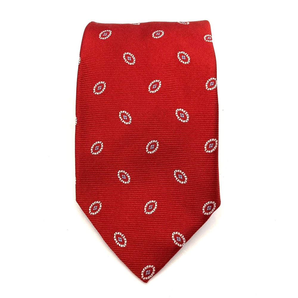 Brooks Brothers 346 Red Silk Tie Made in USA 3.5" Wide White Oval Pattern Power